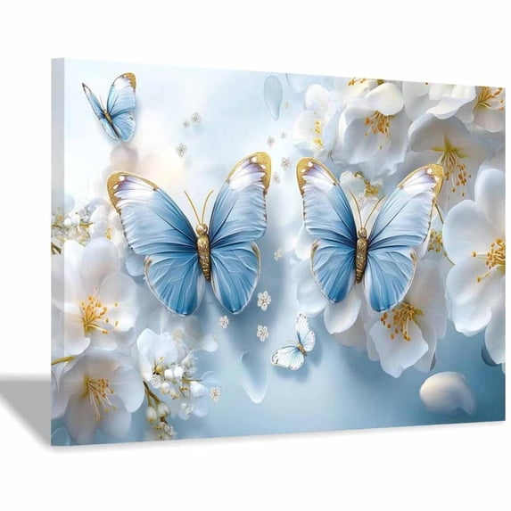Mudket Light Blue and Gold Butterflies with White Flowers Canvas Wall Art, Floral Wall Decor, Framed Ready to Hang Artwork for Living Room Bedroom - 12"L x 8"W