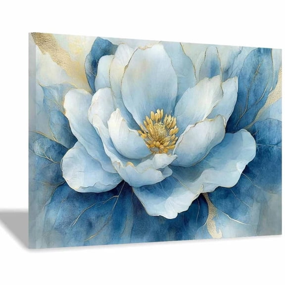 Mudket Light Blue Watercolor Peony Flower with Gold Trim Canvas Wall Art, Framed Floral Print, Ready to Hang Wall Decor for Living Room Bedroom, Elegant Artwork - 30"L x 20"W