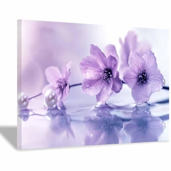 Mudket Light Purple Flower on Water with Pearls Canvas Wall Art, Framed Floral Print, Ready to Hang Wall Decor for Bathroom Bedroom, Calming Elegant Artwork - 12"L x 8"W