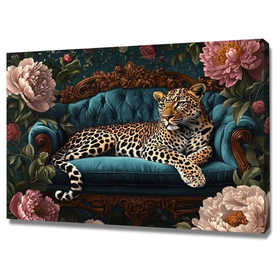 Mudket Luxury Leopard on Blue Velvet Sofa Canvas Wall Art, Floral Peony Print Room Decor for Bedroom Living Room, Elegant Animal Wall Art for Women - 12"L x 8"W