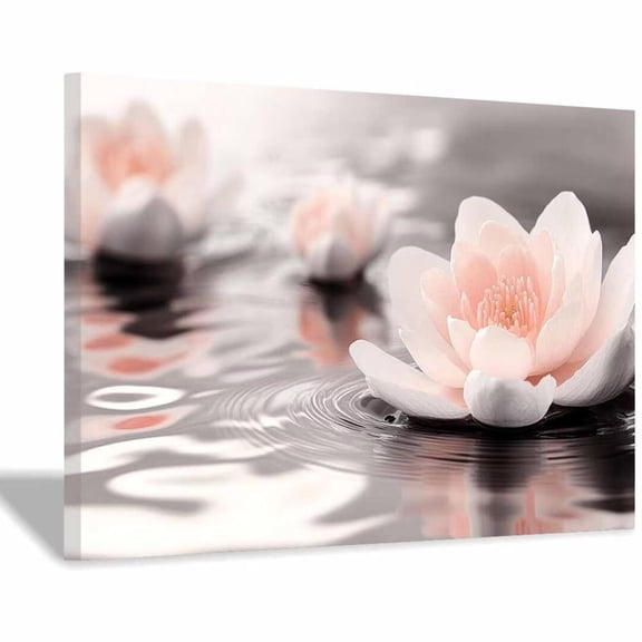 Mudket Monochrome Pink Water Lily Canvas Wall Art, Framed Print, Ready to Hang Wall Decor for Living Room Bathroom, Modern Serene Artwork - 12"L x 8"W