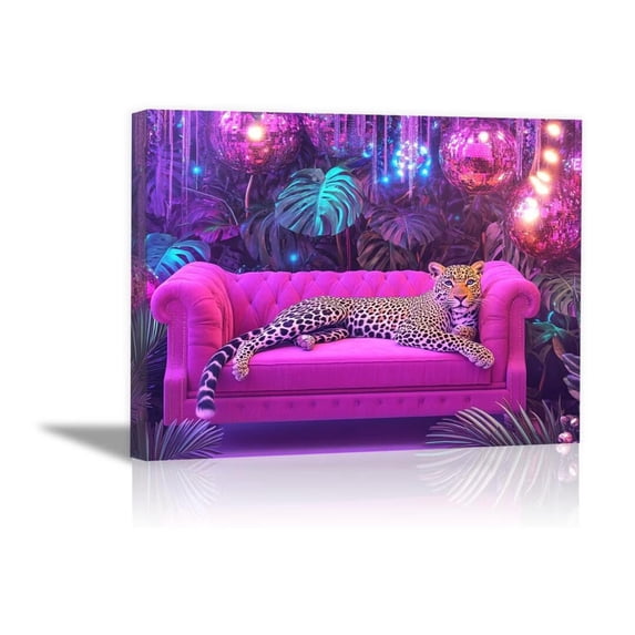 Mudket Neon Fuchsia Leopard Canvas Wall Art, Modern Glow Feline Print with Satin Texture, Waterproof Framed Art for Apartment Home Decor, Ready to Hang - 20"L x 16"W