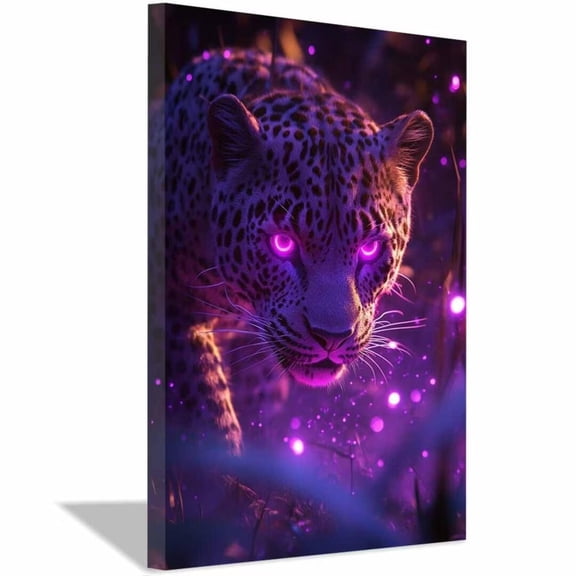 Mudket Neon Purple Leopard Canvas Wall Art, Glowing Leopard Print Wall Decor Framed Ready to Hang for Bedroom Game Room - 36"L x 24"W