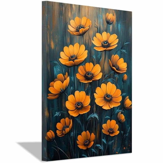 Mudket Orange Yellow Daisy Flower Canvas Wall Art, Abstract Floral Wall Decor, Modern Botanical Pictures for Living Room Bedroom, Framed Ready to Hang - 12"L x 8"W