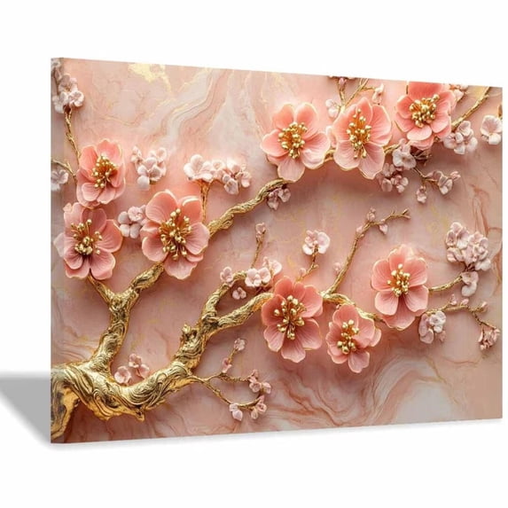 Mudket Pink Cherry Blossom Tree on Marble with Gold Canvas Wall Art, Framed Floral Print, Ready to Hang Wall Decor for Living Room Bedroom, Luxury Artwork - 12"L x 8"W