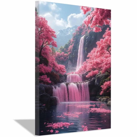 Mudket Pink Cherry Blossom Waterfall Canvas Wall Art, Floral Nature Landscape Print, Framed Wall Decor for Living Room Bedroom - 12"L x 8"W