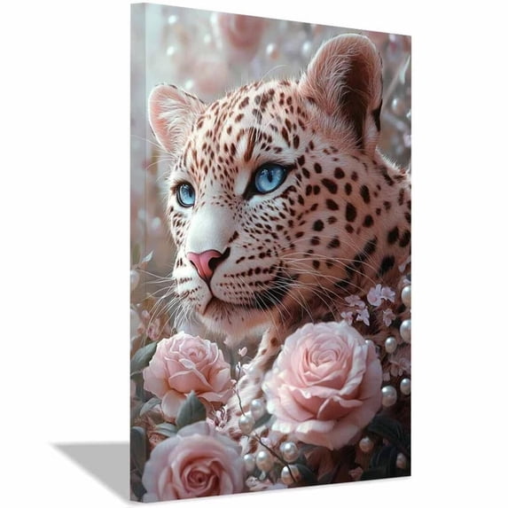 Mudket Pink Floral Leopard Canvas Wall Art, Leopard Print Room Decor Framed Ready to Hang for Bedroom Living Room - 12"L x 8"W