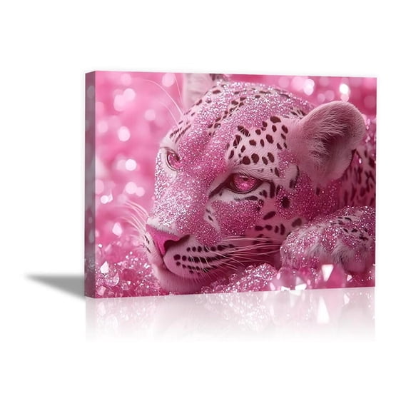 Mudket Pink Glitter Crystal Leopard Canvas Wall Art, Cute Glam Wildlife Paintings for Bedroom Print for Girls Nursery Dorm Room Home Decor , Framed Ready to Hang - 12"L x 8"W
