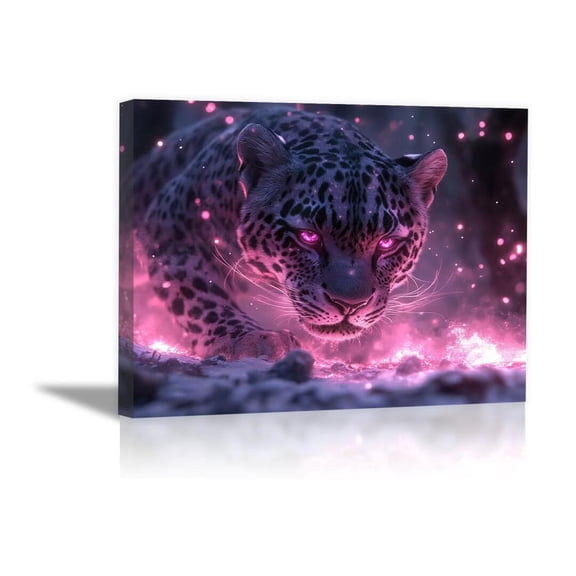 Mudket Pink Glowing Purple Leopard with Pink Eyes Canvas Wall Art, Mystical Glam Wildlife Wall Prints Waterproof Canvas for Living Room Apartment Home Decor , Framed Ready to Hang - 12"L x 8"W