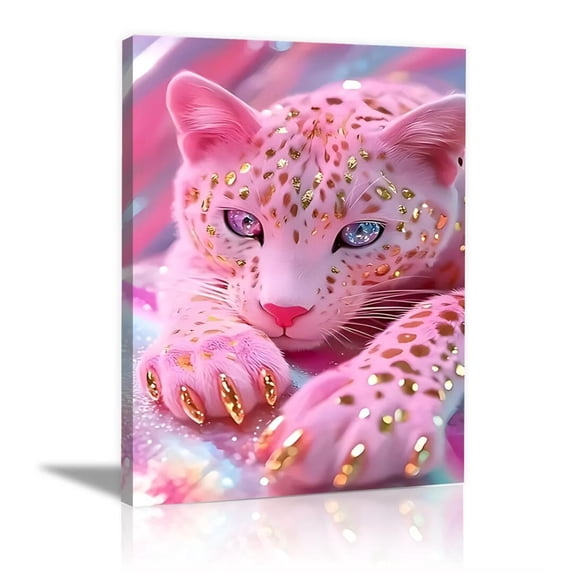 Mudket Pink Gold Glitter Leopard Cub Canvas Wall Art, Cute Fantasy Glam Animal Wall Art for Bedroom Print for Baby Nursery Home Decor , Framed Ready to Hang - 12"L x 8"W