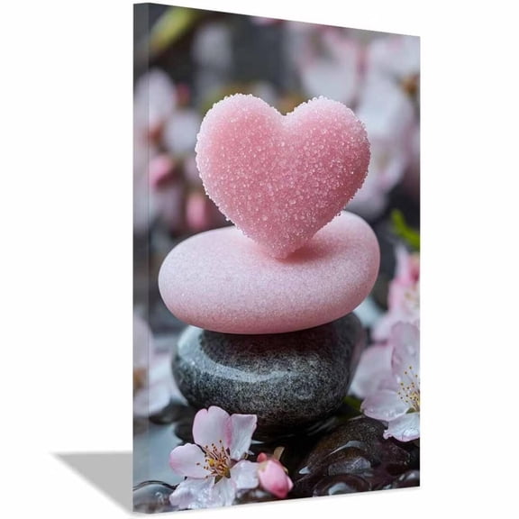 Mudket Pink Heart Stacked Stone Canvas Wall Art, Framed Ready to Hang, Cherry Blossom Print, Calming Zen Wall Decor for Living Room Spa - 24"L x 16"W
