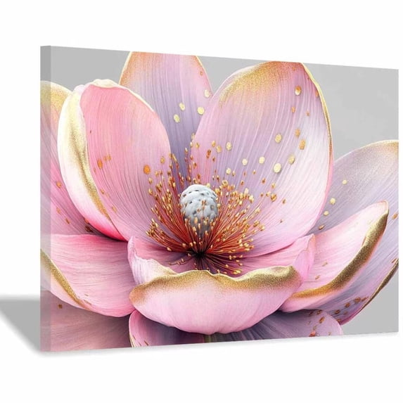 Mudket Pink and Purple Lotus Flower with Gold Foil Canvas Wall Art, Floral Wall Decor, Framed Ready to Hang Artwork for Living Room Bedroom Bathroom Spa - 12"L x 8"W