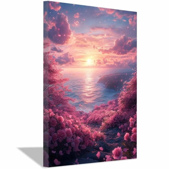 Mudket Pink Rose Ocean Sunset Canvas Wall Art, Framed Floral Landscape Wall Decor, Romantic Flower Print for Living Room Bedroom - 12"L x 8"W