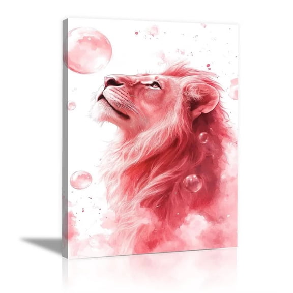 Mudket Pink Watercolor Lion Bubble Canvas Wall Art, Framed, Ready to Hang, Trendy Animal Wall Decor, Soft Pink Artwork for Bedroom Bathroom Living Room, Decor for Women - 12"L x 8"W