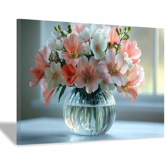 Mudket Pink and White Flower Bouquet in Glass Vase Canvas Wall Art, Floral Wall Decor, Framed Ready to Hang Artwork for Living Room Kitchen Farmhouse - 12"L x 8"W