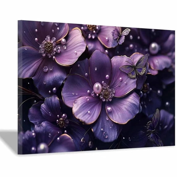 Mudket Purple Flowers with Butterflies and Jewels Canvas Wall Art, Framed Print, Ready to Hang Wall Decor for Living Room Bedroom, Elegant Luxury Artwork - 12"L x 8"W
