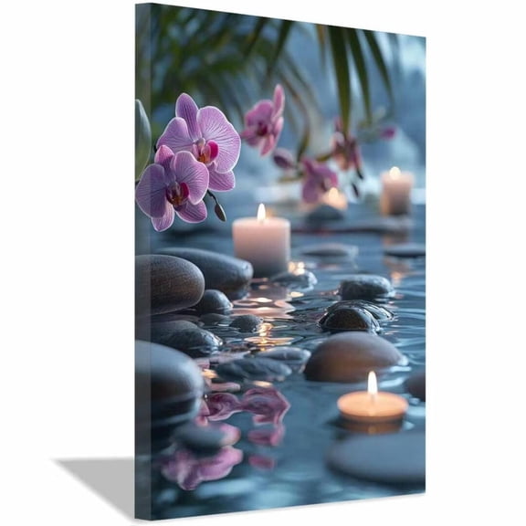 Mudket Purple Orchid Flowers with Zen Stones and Candles Canvas Wall Art, Water Botanical Wall Decor, Framed Ready to Hang for Living Room Bedroom Bathroom Office, Floral Poster - 12"L x 8"W