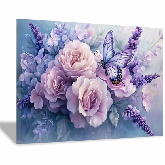 Mudket Purple Rose and Lavender with Butterfly Canvas Wall Art, Floral Oil Painting Wall Decor, Framed Ready to Hang Artwork for Living Room Bedroom Office - 12"L x 8"W