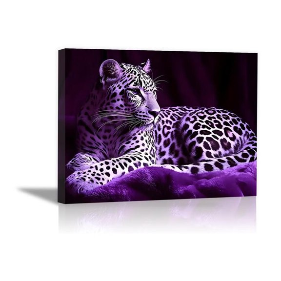 Mudket Purple Tone Leopard on Soft Fur Background Canvas Wall Art, Dreamy Glam Wildlife Paintings for Bedroom Print for Living Room Home Decor , Framed Ready to Hang - 18"L x 12"W