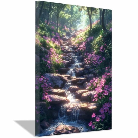 Mudket Purple Wildflower Forest Stream Canvas Wall Art, Framed Nature Landscape Wall Decor, flower poster, floral prints wall art for Living Room - 12"L x 8"W