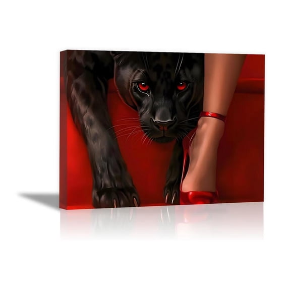 Mudket Red Eyed Black Panther with Red High Heel Canvas Wall Art, Sexy Glam Trendy Wall Art Print for Living Room Cloakroom Entryway Home Decor, Framed Ready to Hang - 12"L x 8"W