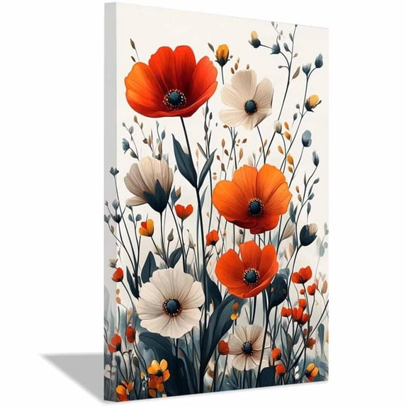 Mudket Red Orange Poppy Floral Canvas Wall Art, Framed Botanical Wall Decor, Modern Flower Print for Living Room, Ready to Hang - 12"L x 8"W