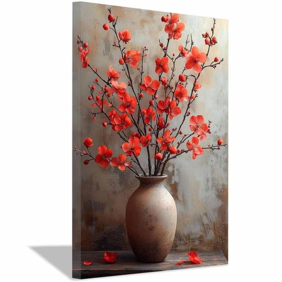Mudket Red Plum Blossom in Clay Vase Canvas Wall Art, Farmhouse Floral Wall Decor, Rustic Red Flower Artwork for Living Room Kitchen, Framed Ready to Hang Canvas Print - 12"L x 8"W