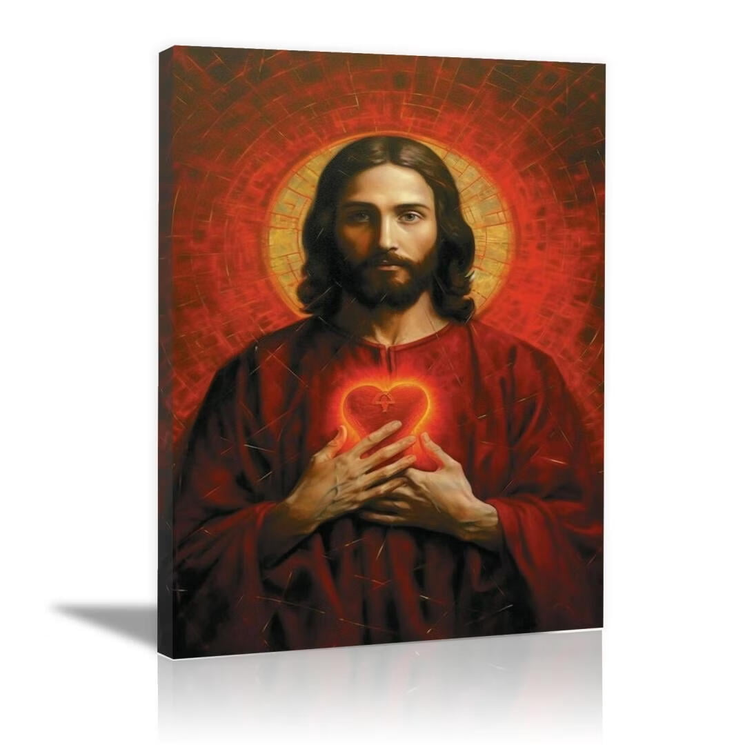 Mudket Sacred Heart of Jesus Canvas Wall Art Framed, Religious Jesus Painting Wall Pictures for Home Decor, Christian Artwork for Bedroom Office Prayer Room - 30"L x 20"W