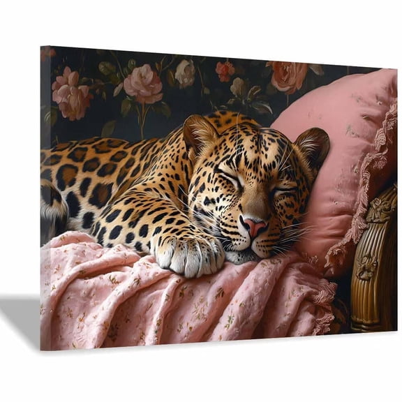 Mudket Sleeping Leopard with Pink Floral Bedding Framed Canvas Wall Art, Soft Girly Jungle Cheetah Print Decor for Women Bedroom, Living Room, Vanity Space, Ready to Hang-12"L x 8"W