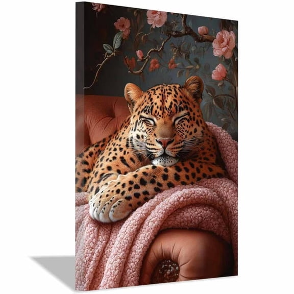 Mudket Sleeping Leopard on Sofa Canvas Wall Art, Cozy Leopard Print Room Decor Framed Ready to Hang for Living Room - 12"L x 8"W