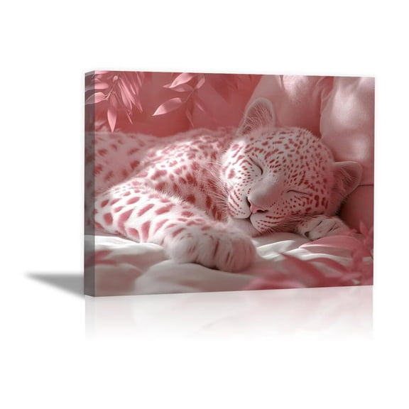 Mudket Sleeping Pink Leopard Cub on Sunny Cozy Bed Canvas Wall Art, Cute Glam Wall Art for Bedroom Print for Girls Nursery Home Decor , Framed Ready to Hang - 12"L x 8"W