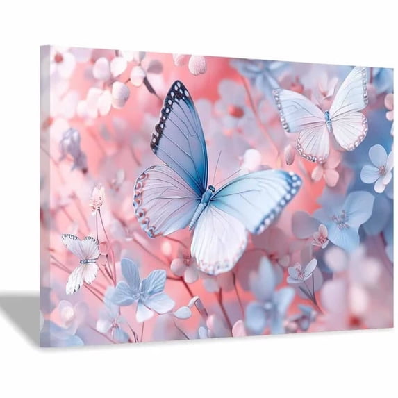 Mudket Soft Focus Pink and Blue Butterflies with Flowers Canvas Wall Art, Floral Wall Decor, Framed Ready to Hang Artwork for Living Room Bedroom - 12"L x 8"W