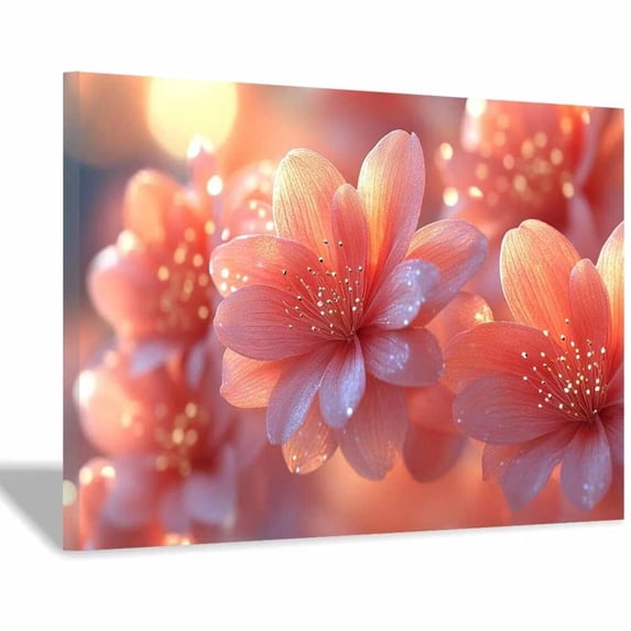 Mudket Soft Peach Flower with Gold Glitter Canvas Wall Art, Floral Wall Decor, Framed Ready to Hang Artwork for Living Room Bedroom Bathroom - 12"L x 8"W