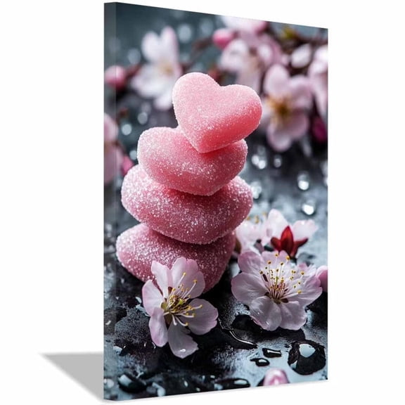 Mudket Stacked Pink Heart Candy Stone Canvas Wall Art, Framed Ready to Hang, Cherry Blossom Print, Sweet Zen Wall Decor for Living Room Spa - 12"L x 8"W