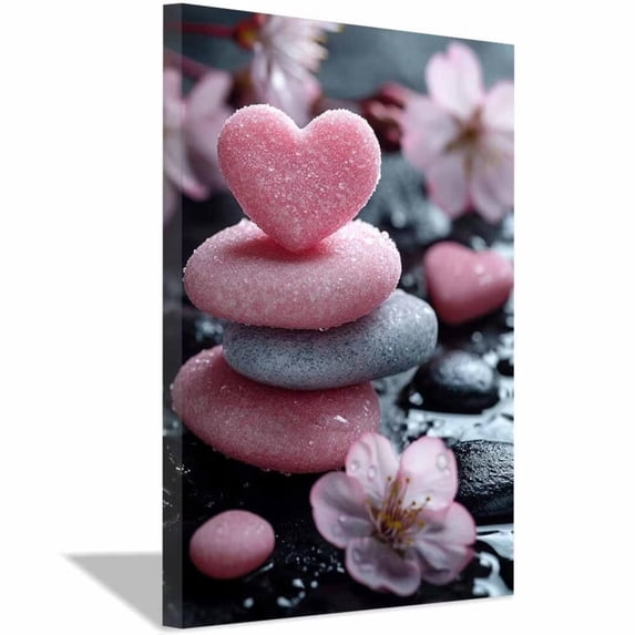 Mudket Stacked Pink Heart Stone Canvas Wall Art, Framed Ready to Hang, Cherry Blossom Print, Romantic Zen Wall Decor for Home Office - 12"L x 8"W