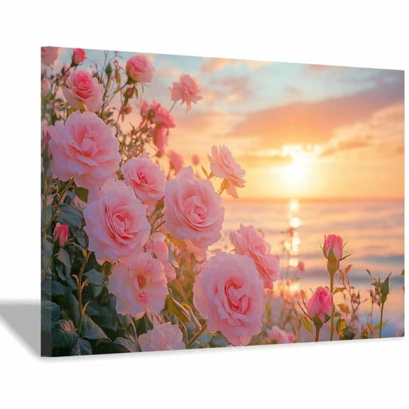 Mudket Sunset Beach Pink Rose Canvas Wall Art, Framed Floral Print, Ready to Hang Wall Decor for Bedroom Living Room Office, Romantic Flower Artwork - 18"L x 12"W