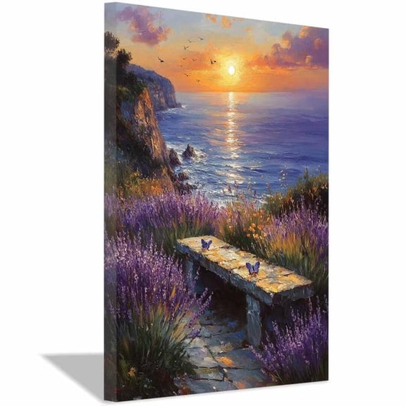 Mudket Sunset Lavender Ocean Canvas Wall Art, Coastal Floral Landscape Wall Decor, Butterfly Nature Artwork for Living Room Bedroom, Framed Ready to Hang - 12"L x 8"W
