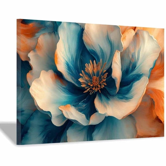 Mudket Teal and Orange Gradient Flower Canvas Wall Art, Abstract Floral Wall Decor, Framed Ready to Hang Artwork for Living Room Bedroom Office - 12"L x 8"W