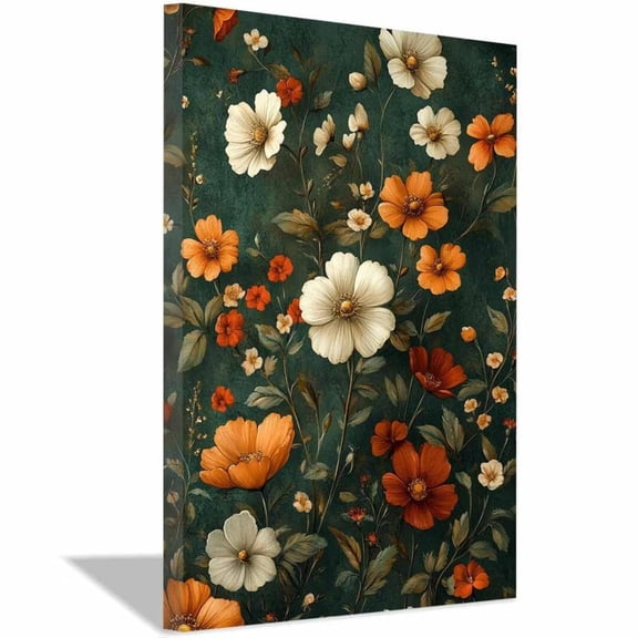 Mudket Vintage Floral Pattern on Background Canvas Wall Art, Framed Ready to Hang, Botanical Wall Decor for Living Room Bedroom Office, Retro Flower Artwork - 12"L x 8"W