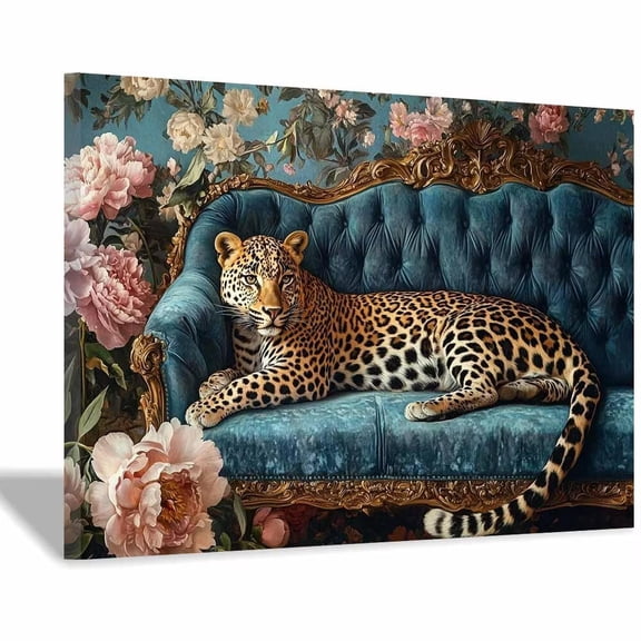 Mudket Vintage Leopard on Dark Teal Sofa with Peony Flowers Framed Canvas Wall Art, Elegant Animal Wall Art for Living Room, Home Office, Bedroom Decor, Ready to Hang-20"L x 16"W