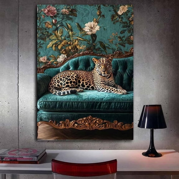 Mudket Vintage Leopard on Teal Velvet Sofa Framed Canvas Wall Art, Floral Jungle Cheetah Print Room Decor for Women Living Room, Bedroom, Home Office, Ready to Hang - 12"L x 8"W