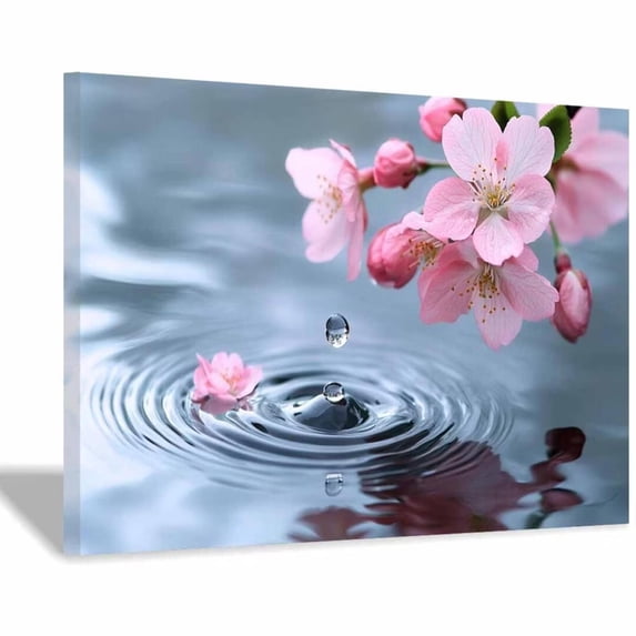 Mudket Water Droplet on Cherry Blossom Canvas Wall Art, Framed Floral Print, Ready to Hang Wall Decor for Bathroom Living Room Office, Serene Nature Artwork - 12"L x 8"W