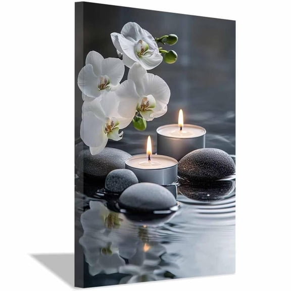 Mudket White Orchid Flowers with Zen Stones Canvas Wall Art, Calming Water Reflection Wall Decor, Framed Ready to Hang for Living Room Bedroom Bathroom Office, Relaxing Floral Print - 12"L x 8"W