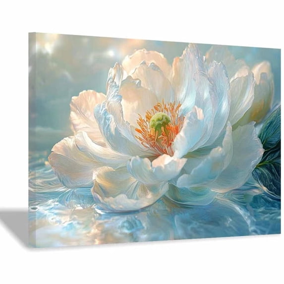 Mudket White Peony Flower on Water Canvas Wall Art, Framed Floral Print, Ready to Hang Wall Decor for Living Room Bedroom Bathroom, Serene Elegant Artwork - 12"L x 8"W