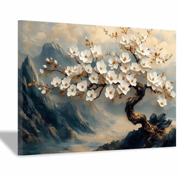 Mudket White Plum Blossom with Gold Branch & Mountain Canvas Wall Art, Vintage Floral Wall Decor, Framed Ready to Hang Artwork for Living Room Bedroom Office - 12"L x 8"W