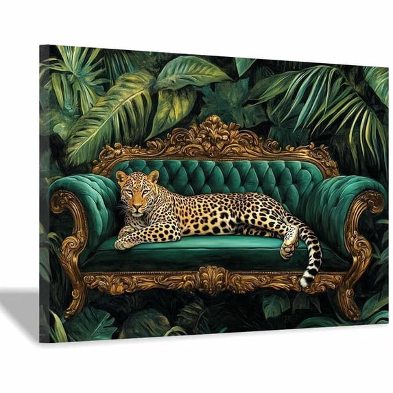 Mudket Wild Leopard on Teal Velvet Sofa Framed Canvas Wall Art, Tropical Jungle Cheetah Print Wall Art for Women Living Room, Home Office, Bedroom Decor, Ready to Hang-20"L x 16"W