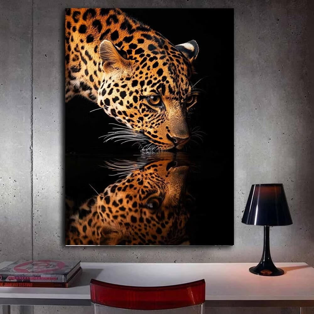 Reflections Leopard Mudket Wild Leopard Water Reflection Framed Canvas Wall Art, Dark ...