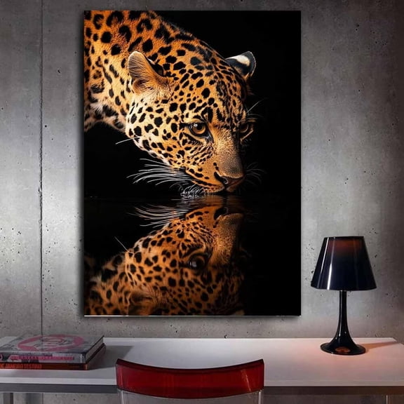 Mudket Wild Leopard Water Reflection Framed Canvas Wall Art, Dark Jungle Animal Print Wall Decor for Men Living Room, Office, Bedroom Interior Decor, Ready to Hang - 12"L x 8"W