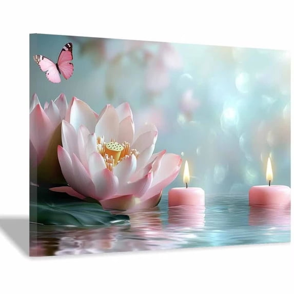 Mudket Zen Pink Lotus Flower with Candles and Butterfly Canvas Wall Art, Floral Wall Decor, Framed Ready to Hang Artwork for Living Room Bedroom Bathroom Spa - 12"L x 8"W