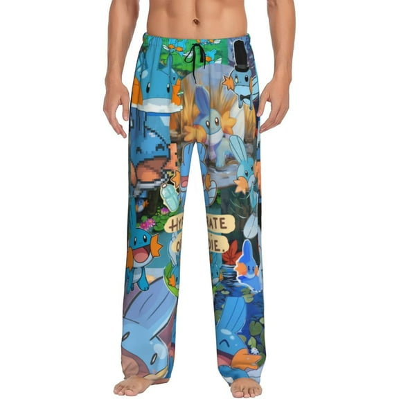 Mudkip Men's Pajama Pants Cartoon All Over Print Elastic Waistband Sleep Pants with Pockets Drawstring, Soft Unisex Lounge Bottoms Sleepwear
